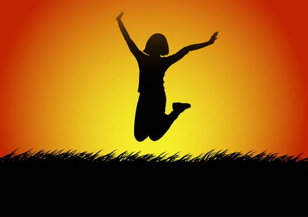 Σιλουέτες Ευτυχισμένη Άλμα Γυναίκες Φως Του Ηλιοβασιλέματος Φόντο Διανυσματική Απεικόνιση — Διανυσματικό Αρχείο