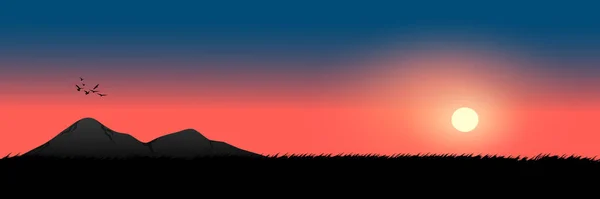 Dessin Graphique Vue Paysage Extérieur Coucher Soleil Avec Herbe Sur — Image vectorielle