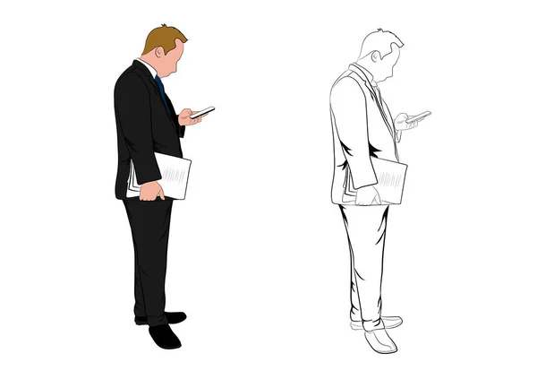 Επιχειρηματίας Στέκεται Και Χρησιμοποιούν Smartphone Για Την Τεχνολογία Σύνδεσης Έννοια — Διανυσματικό Αρχείο