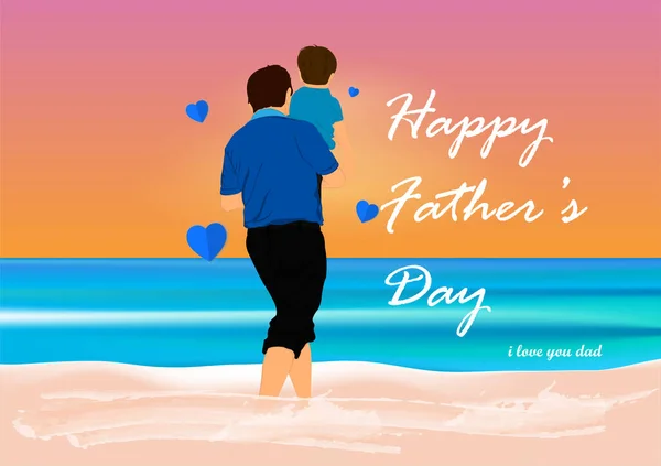 Graphics Design Father Holding Young Hands Beach Sand Concept Happy — Stock Vector