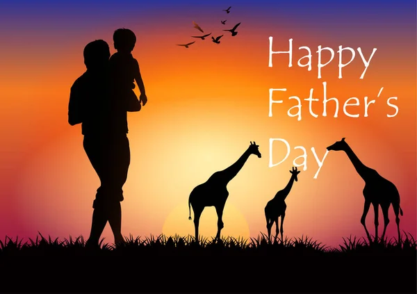 Silhouette Graphics Father Holding Young Hands Look Giraffe Outdoor Sunset — Stock Vector