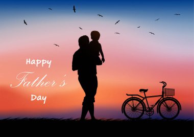 Grafik Tasarımı Baba, tebrik kartı illüstrasyonu için gün batımı manzaralı, çimenli, manzara manzaralı gençleri elinde tutuyor.