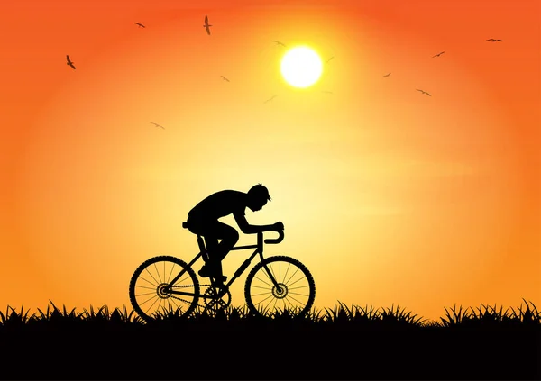 Графическое Изображение Мужчина Велосипеде Вечером Фоне Заката Оранжевый Силуэт Заката — стоковый вектор
