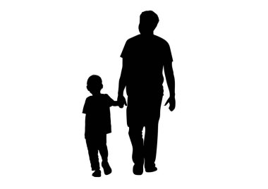 Silüet görüntüsü. Baba, küçük çocuğu elinde taşıyıcı illüstrasyonla tutuyor.