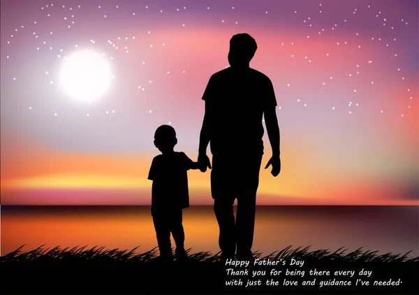 Graphics Design Father Holding Young Hands Landscape View Outdoor Night — Stock Vector