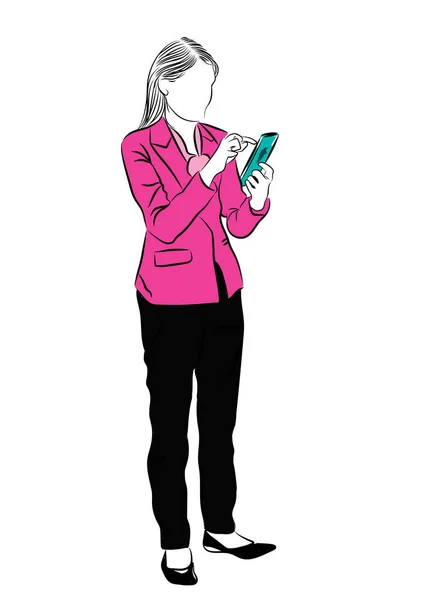 Geschäftsfrau Stehen Und Verwenden Sie Ein Smartphone Vektor Illustration Isoliert — Stockvektor