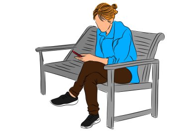 İş kadını sandalyeye oturur ve akıllı telefon kullanır, vektör illüstrasyonu izole edilmiş beyaz arkaplan