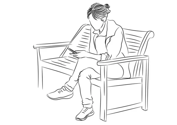 Zeichnung Umriss Geschäftsfrau Sitzen Auf Stuhl Und Verwenden Sie Ein — Stockvektor
