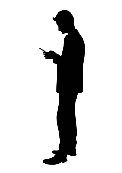 Graphics Silhouette Business Man Hold Smartphone Connection Technology Vector Illustration — Vector de stock