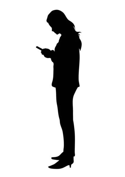 Grafisch Silhouet Zakelijke Vrouw Houd Smartphone Voor Verbinding Door Technologie — Stockvector