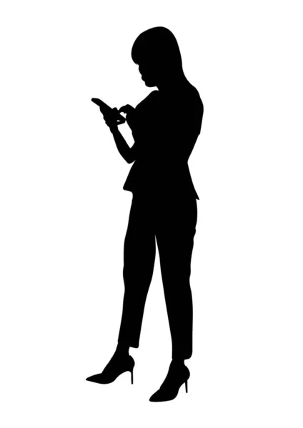 Grafik Silhouette Geschäftsfrau Hält Smartphone Für Verbindung Durch Technologie Vektor — Stockvektor