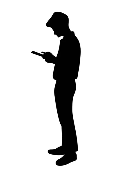 Graphics Silhouette Business Man Hold Smartphone Connection Technology Vector Illustration — Vector de stock