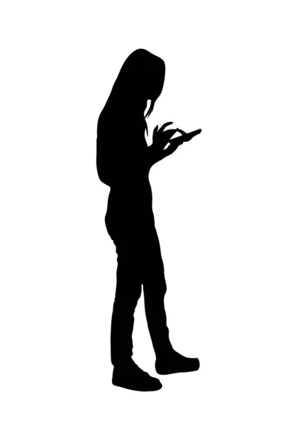 Grafisch Silhouet Zakelijke Vrouw Houd Smartphone Voor Verbinding Door Technologie — Stockvector