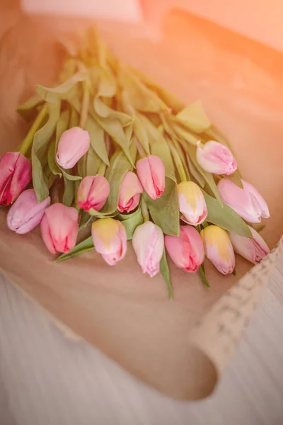 Bouquet Colorful Young Spring Tulips Wrapped Craft Paper Selective Focus — Stock Photo, Image