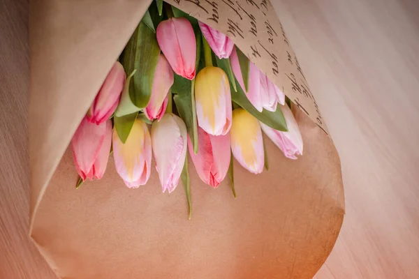 Bouquet Colorful Young Spring Tulips Wrapped Craft Paper Selective Focus — Stock Photo, Image