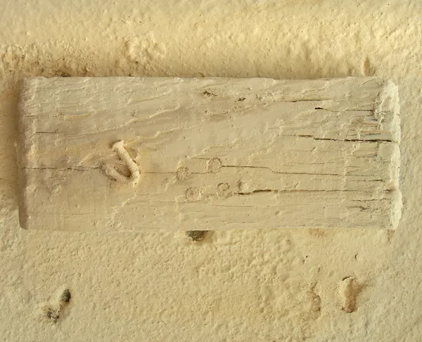 Antiguo fondo de pared irregular beige con un detalle de madera — Foto de Stock