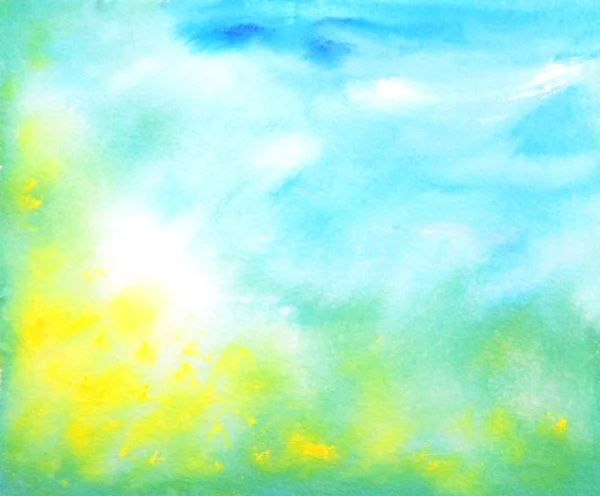 Abstract hand drawn watercolor background: summer landscape with blue sky, — Stock Photo, Image