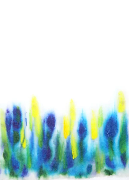 Fondo de acuarela dibujado a mano abstracto: flores azules y hojas verdes — Foto de Stock