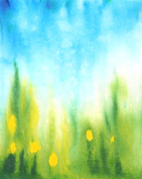 Abstract hand drawn watercolor background: blue sky, green grass and yellow — Stock Photo, Image