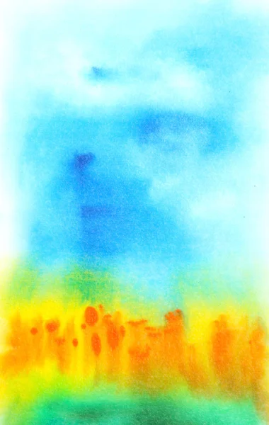 Absztrakt kézzel rajzolt akvarell háttér: kék ég, a narancssárga virágok és a gra — Stock Fotó