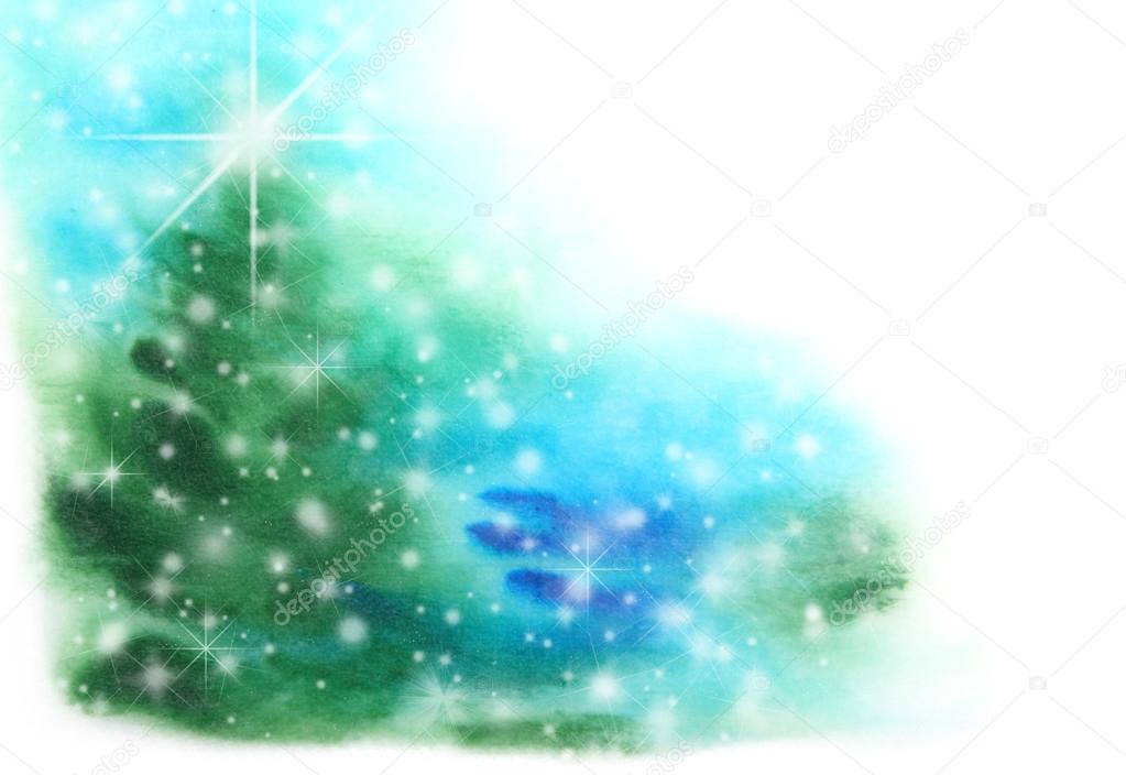 Abstract hand drawn watercolor background: Christmas tree, blue sky, and sn