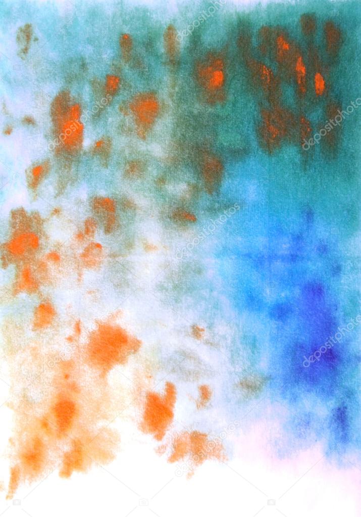Abstract hand drawn watercolor background: blue, green, and orange blurs