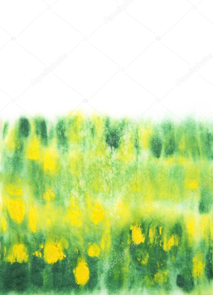 Abstract hand drawn watercolor background: green grass and yellow flowers
