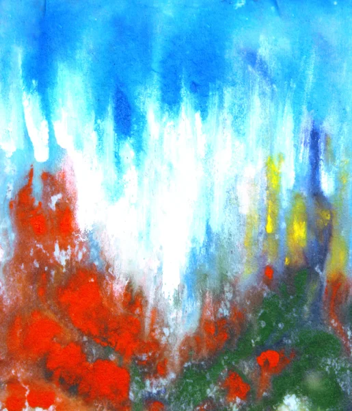 Fondo de pintura dibujado a mano abstracto: patrones florales rojos sobre fondo azul — Foto de Stock