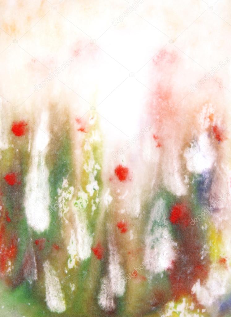 Abstract hand drawn paint background: red and green floral patterns