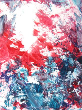 Elle çizilmiş boya arka plan: beyaz üzerine kırmızı ve mavi çiçek desenleri