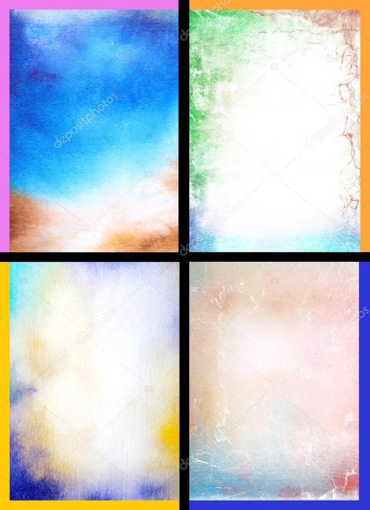 Collage of abstract hand drawn paint backgrounds: red, blue, yellow, and gr