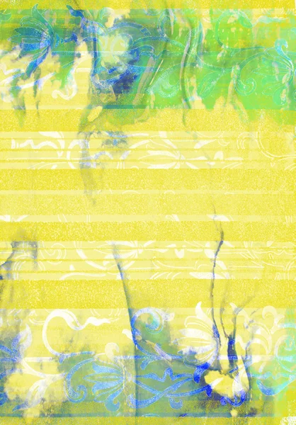 Fond texturé abstrait : motifs floraux bleus, verts et blancs sur fond jaune — Photo