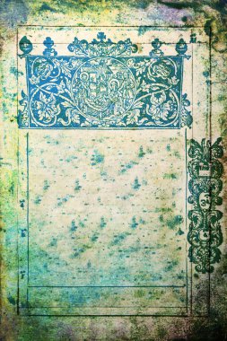 Dokulu arka plan: Dekoratif mavi ve yeşil desenleri ile eski vintage sayfası