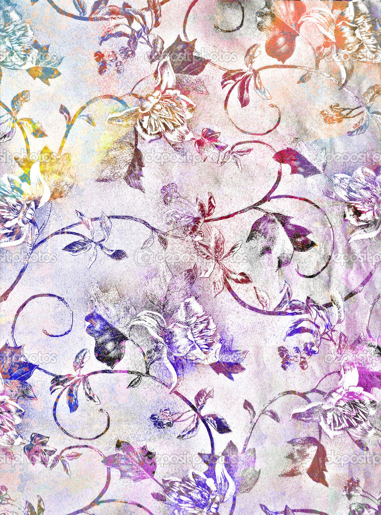 Abstract textured background: blue, yellow, and red flower-like patterns on violet backdrop