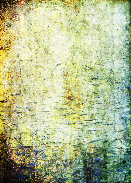 Antigua pared irregular: Fondo texturizado abstracto: patrones azul, marrón y verde sobre fondo amarillo — Foto de Stock