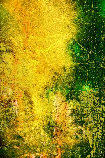 Abstract textured background with green, orange, and brown patterns on yellow backdrop — Stock Photo, Image