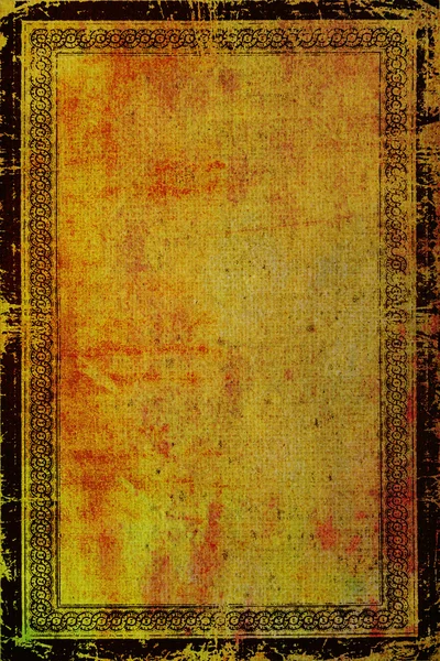 Old canvas with vintage border frame: Abstract textured background with red, orange, and brown patterns on yellow backdrop