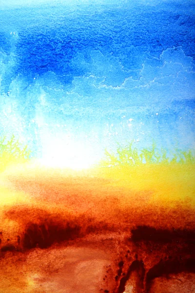 Abstraktní akvarel texturou pozadí: letní tématikou krajina s žluté, modré, hnědé a bílé vzory — Stock fotografie