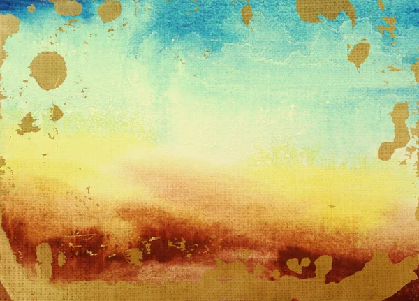抽象的な水彩画の背景テクスチャ： 黄色、青、茶色と白のパターンと夏をテーマにした風景 — ストック写真