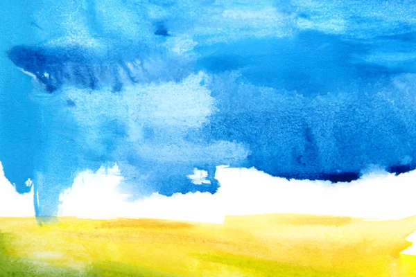 Abstrakt akvarell texturerat bakgrund: sommar-tema landskap med gul, blå, brun och vit mönster — Stockfoto