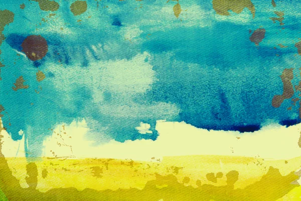 Fundo texturizado aquarela abstrata: paisagem temática de verão com padrões amarelos, azuis, marrons e brancos — Fotografia de Stock