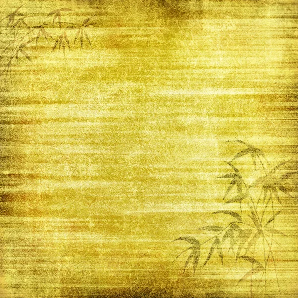 Абстрактний жовтий фон або папір з яскравими точковими прожекторами з гранжевою текстурою тла і коричневими бамбуковими батьками — стокове фото