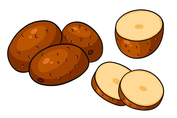 一套土豆 整个土豆 切成楔形 在一个卡通风格 用于设计和装饰的矢量插图 — 图库矢量图片#