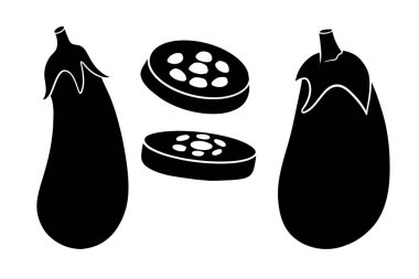 Patlıcan seti. Patlıcan ve kesilmiş kama. Siluet. Tasarım ve dekorasyon için vektör illüstrasyonu.