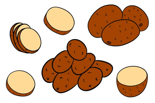 Ένα Σετ Πατάτες Ολόκληρες Πατάτες Κομμένες Φέτες Μισές Στυλ Καρτούν — Διανυσματικό Αρχείο