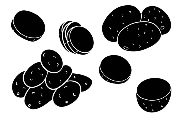 Kartoffelset Vorhanden Ganze Kartoffeln Keile Geschnitten Halbieren Silhouette Vektor Illustration — Stockvektor