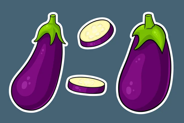 Eggplantor Inställda Hela Äggplantan Och Skär Kilar Tecknad Stil Klistermärken — Stock vektor
