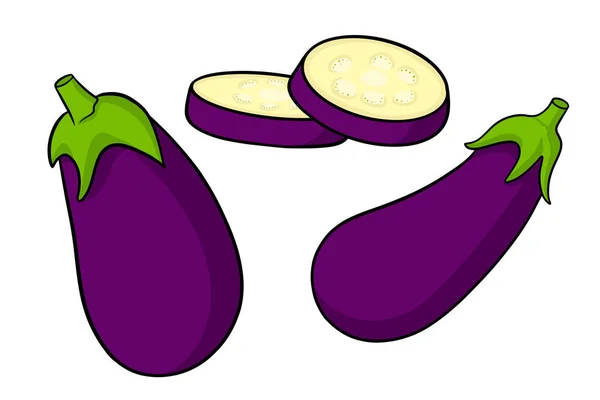 Eggplantor Inställda Hela Äggplantan Och Skär Kilar Tecknad Stil Vektor — Stock vektor