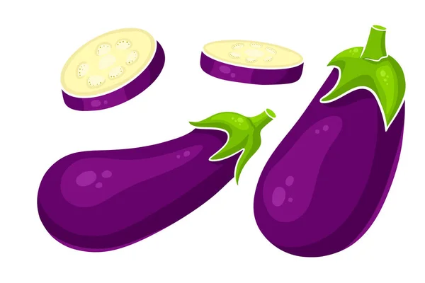 Eggplant Set Whole Eggplant Cut Wedges Cartoon Style Vector Illustration — Stock Vector