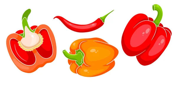 Pepper Siap Paprika Segar Dan Paprika Panas Dalam Gaya Kartun - Stok Vektor